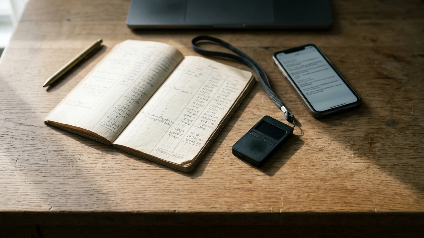 Overhead view of a desk with an open ledger notebook, a hardware wallet and a phone showing a wallet address, beside a laptop
