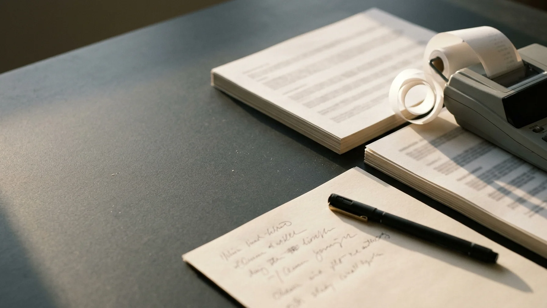 Close-up of a calculator and printed spreadsheets with a pen resting on a column of figures
