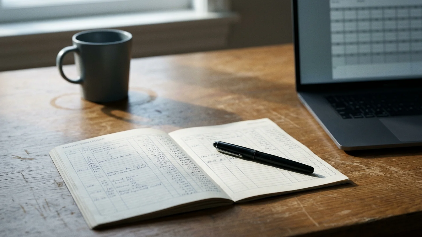 A bookkeeper's desk with a printed transaction ledger, a pen resting on a column of cost basis figures, and a laptop showing a wallet export, lit by daylight from a side window.