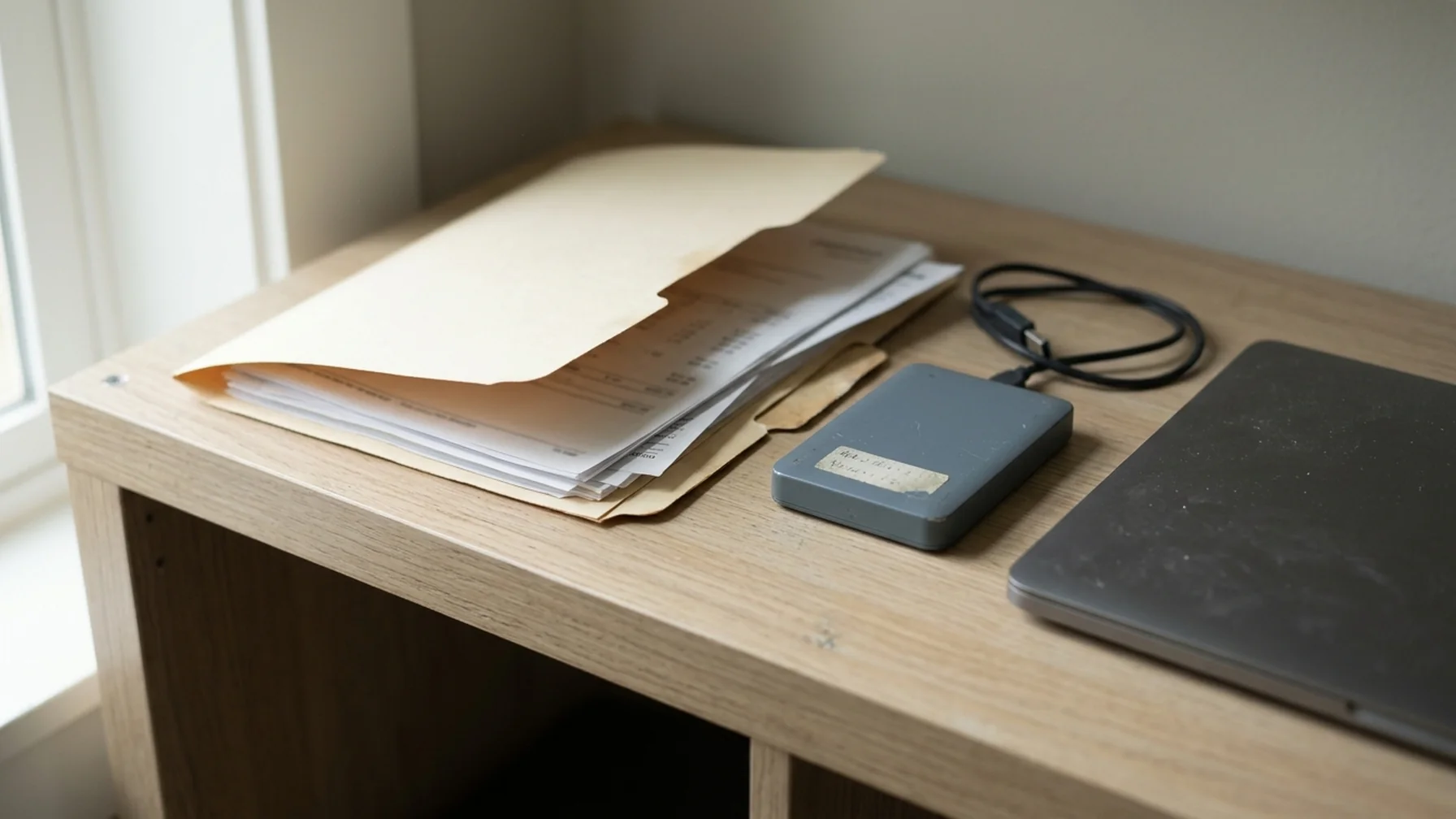 Folder of printed statements and a labeled external drive on a shelf beside a closed laptop