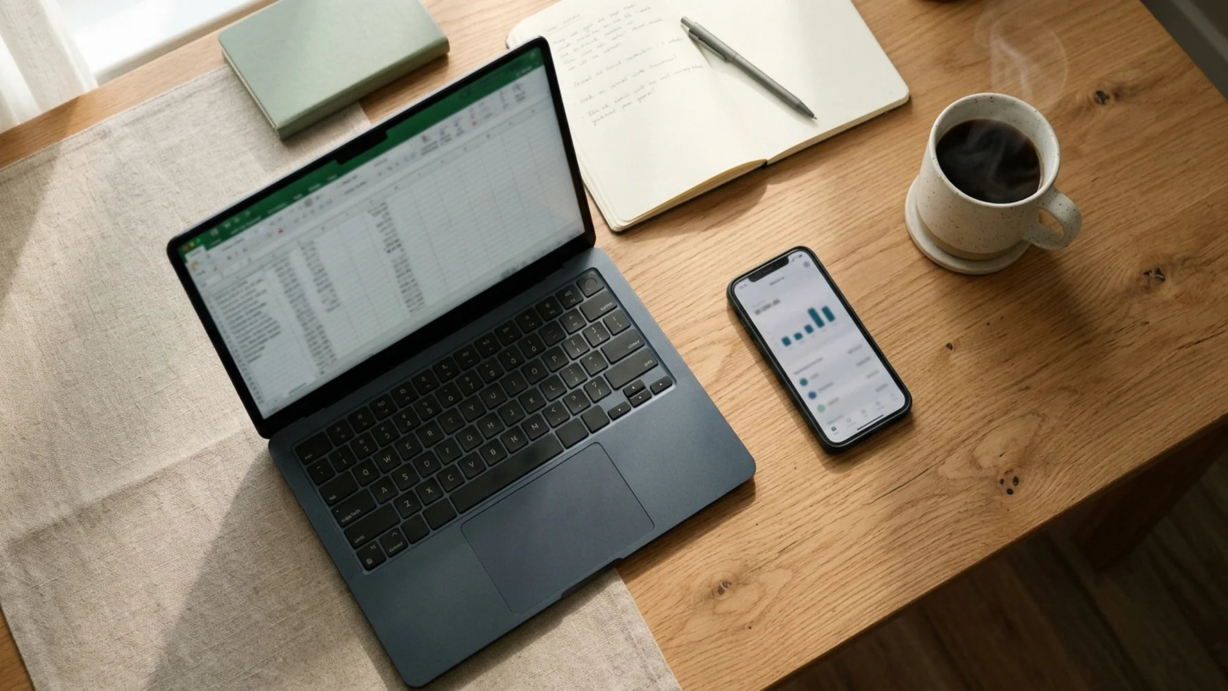 A laptop on a wooden desk with a spreadsheet of transactions open beside a phone showing a wallet balance, a paper notebook and a cup of coffee in morning light